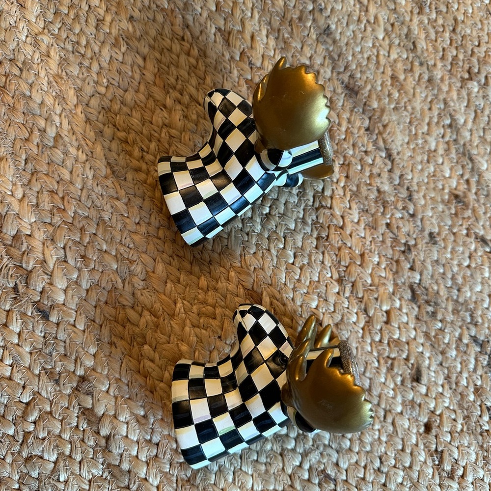 MacKenzie-Childs Black and White Checkered Candle Holders with Gold Wings - Picture 7 of 11